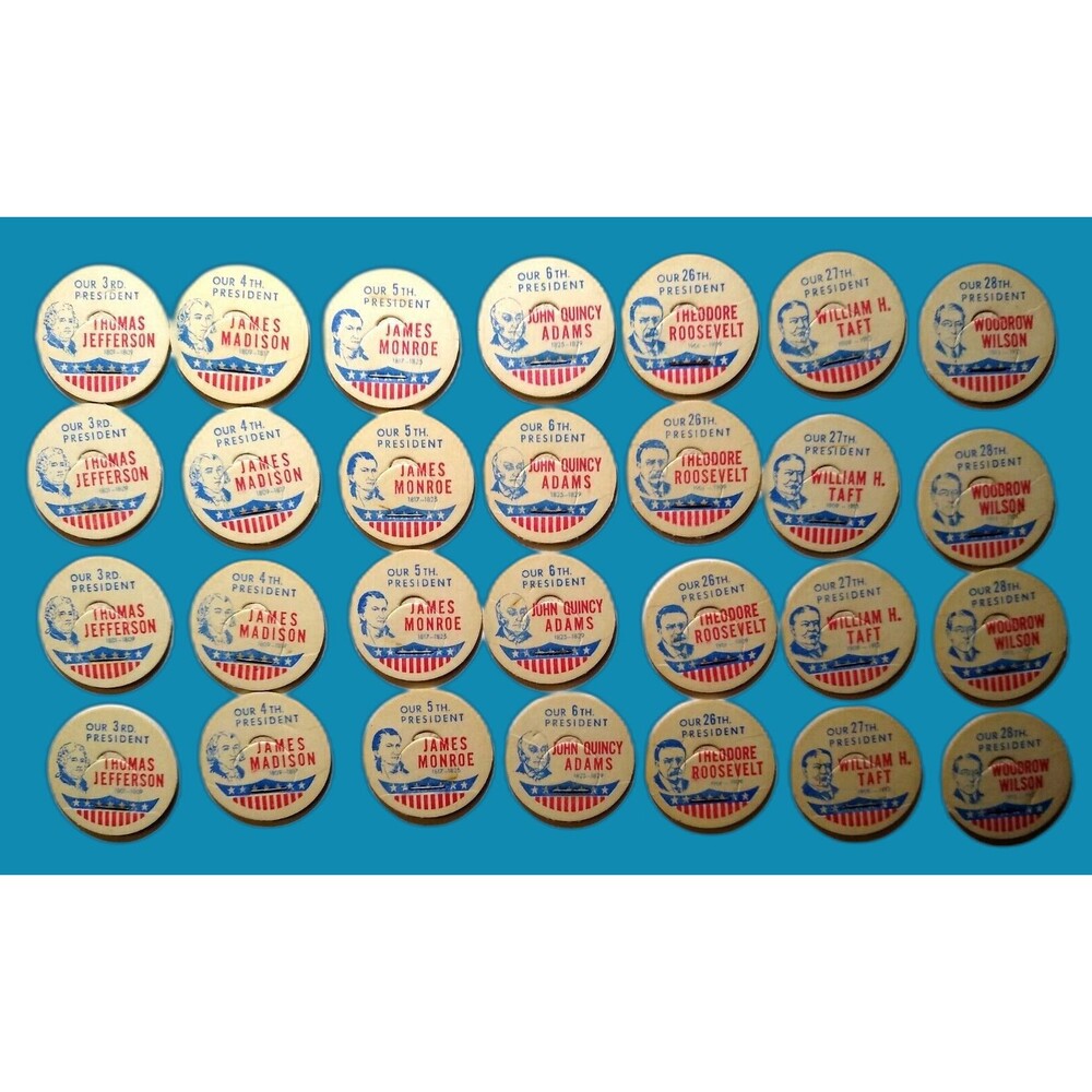 Lot Of 28 Vintage US President Milk Bottle Caps 7 Different Patriotic Jefferson